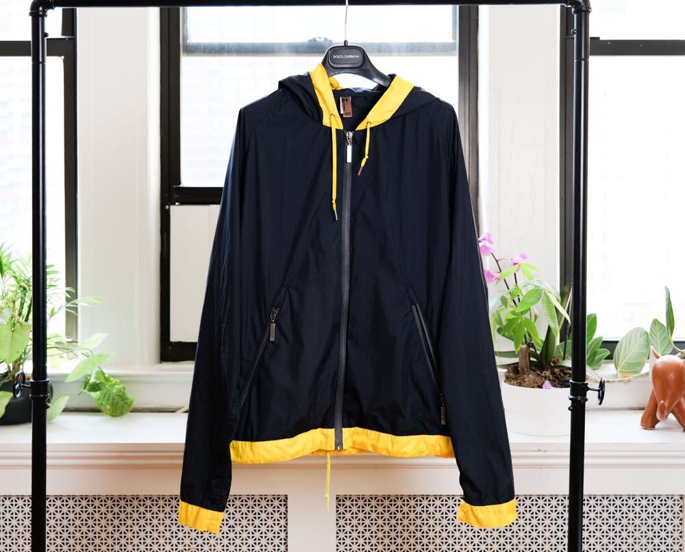 John Galliano Beachwear Navy Yellow Hooded Windbreaker Jacket (Size L IT52)